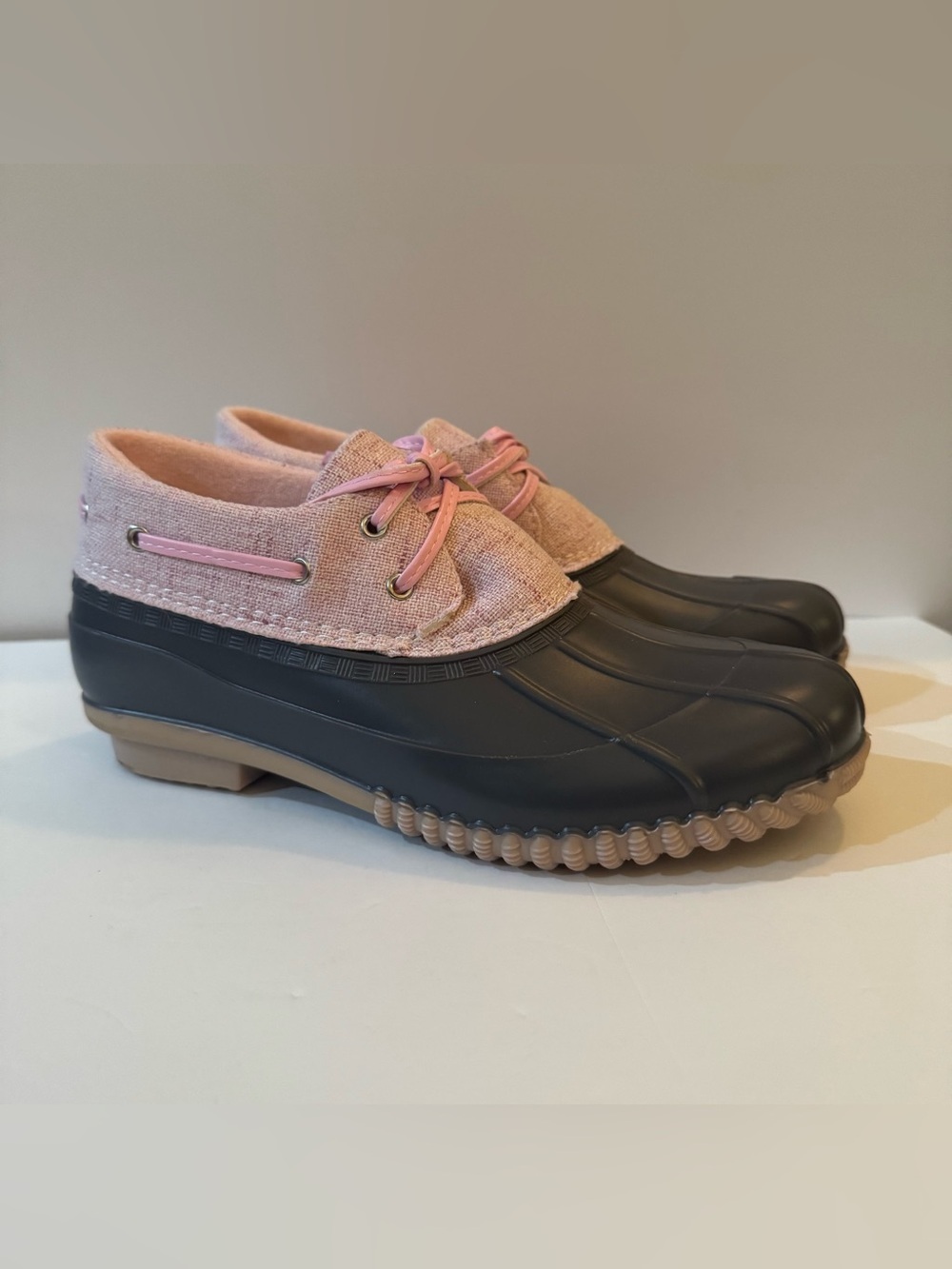 Magellan Outdoors Duck Ankle Boots Feature A Distinctive Pink & Gray Linen Upper